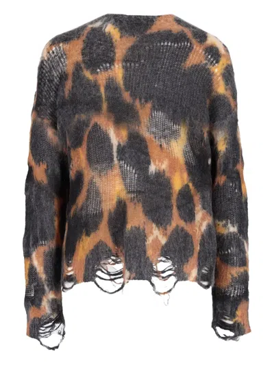 Laneus Animal Print Distressed Baby Alpaca Sweater In Black