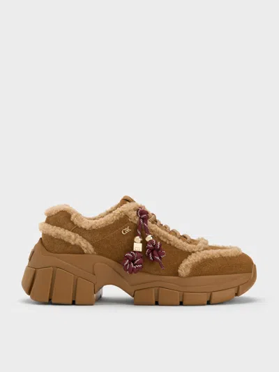 Charles & Keith - Yunna Suede & Faux Shearling Chunky Sneakers In Brown