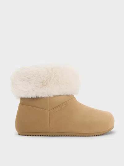 Charles & Keith - Girls' Faux Suede & Faux Fur Foldover Ankle Boots In Gold
