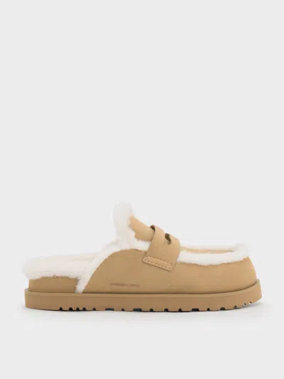 Charles & Keith - Recycled-fur Flatform Mules In Neutral