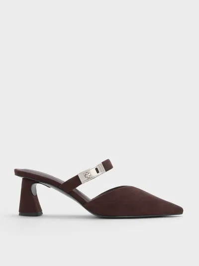 Charles & Keith - Lando Faux Suede Pointed-toe Metallic-buckle Heeled Mules In Brown