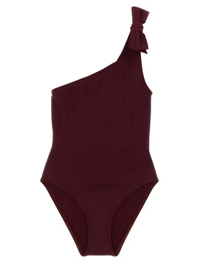 Eres Asymmetrical One-shoulder Swimsuit Bow Detail In Burgundy