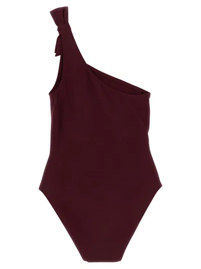 Eres Asymmetrical One-shoulder Swimsuit Bow Detail In Burgundy