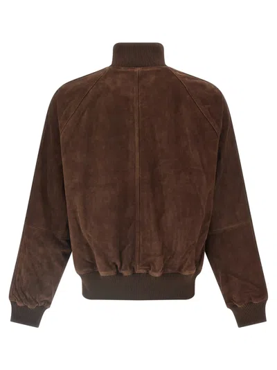 Baracuta Suede Track Jacket With Ribbed Collar And Cuffs In Brown
