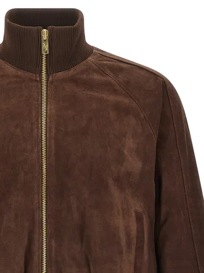 Baracuta Suede Track Jacket With Ribbed Collar And Cuffs In Brown