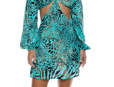 Luli Fama Animale Long Sleeve Cut Out Short Dress In Aqua In Blue