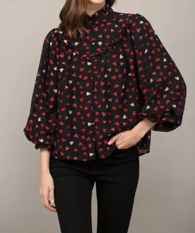 Fate By Lfd Heart Print Ruffle Yoke Detail Bubble Sleeve Blouse In Multi In Multi