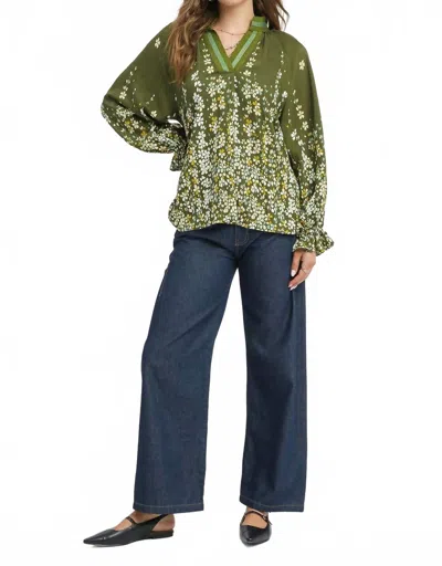Umgee Floral Vine Print Split Neck Top With Balloon Sleeves In Olive In Green