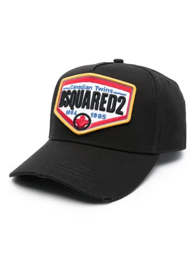 Dsquared2 Black Baseball Cap With Maxi Print On The Front And Rear Adjustable Buckle Cosure In Black