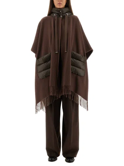 Herno Brown Cape With Drawstring Collar And Fringed Hem In Tech Fabric Woman In Brown