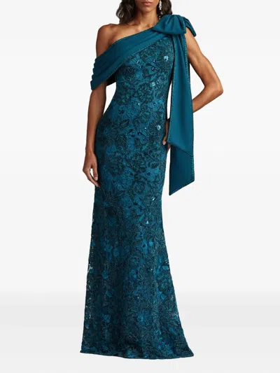 Tadashi Shoji Beaded Floral One-shoulder Gown In Green
