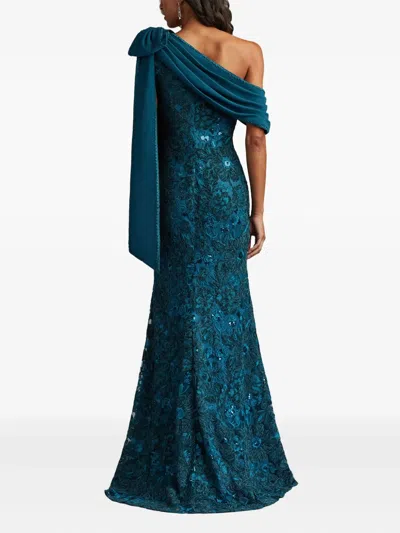 Tadashi Shoji Beaded Floral One-shoulder Gown In Green