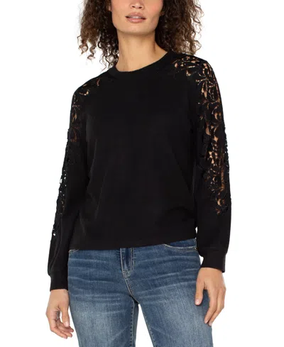 Liverpool Los Angeles Lace Inset Crewneck Knit Top In Black