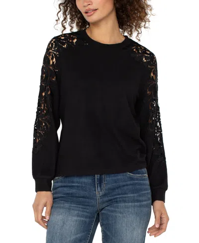 Liverpool Los Angeles Lace Inset Crewneck Knit Top In Black
