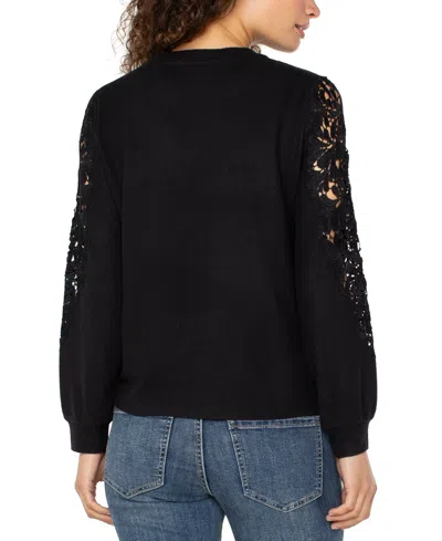 Liverpool Los Angeles Lace Inset Crewneck Knit Top In Black