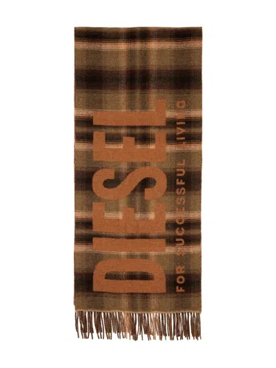 Diesel Check-pattern Fringed-edge Scarf In Brown