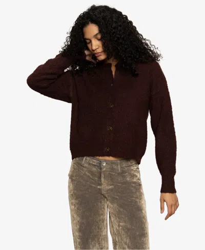 Sanctuary Boucle Crew Neck Cardigan In Dark Crimson In Burgundy