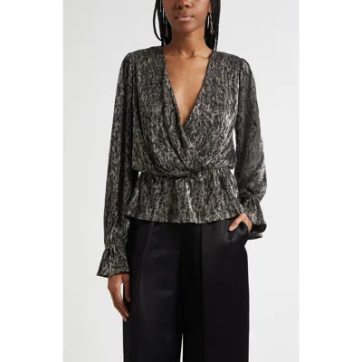 Ramy Brook Jean Pleated Metallic Peplum-hem Blouse In Black