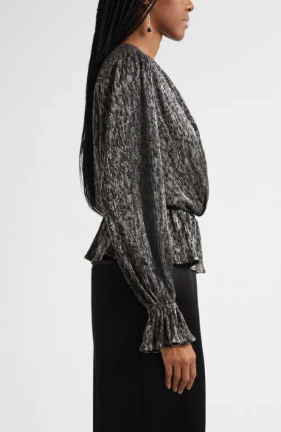 Ramy Brook Jean Pleated Metallic Peplum-hem Blouse In Black