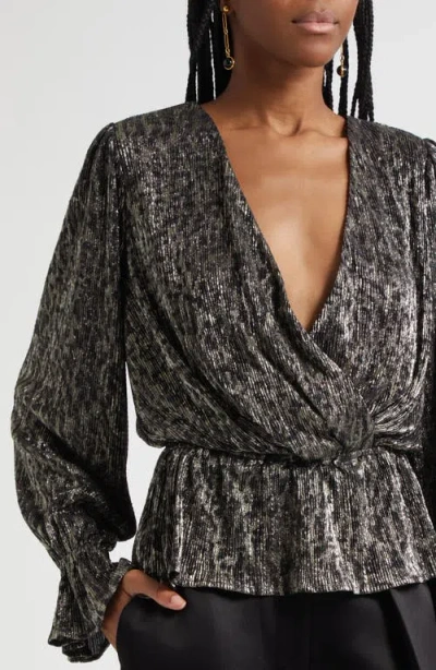 Ramy Brook Jean Pleated Metallic Peplum-hem Blouse In Black