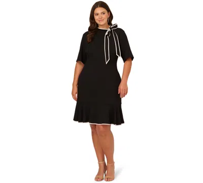 Adrianna Papell Plus Size Tie Neck Flounce Dress In Black