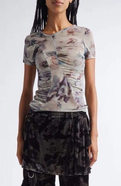 Collina Strada Serpentine Short Sleeve Ruched Mesh Top In Multi