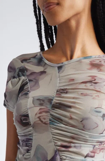 Collina Strada Serpentine Short Sleeve Ruched Mesh Top In Multi