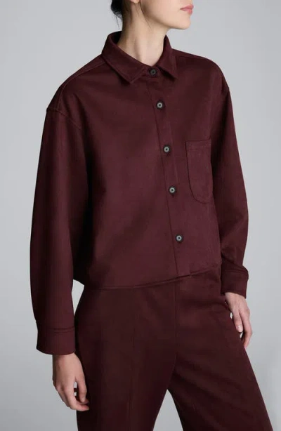 Kenneth Cole Faux Suede Button Front Cropped Knit Shirt In Burgundy