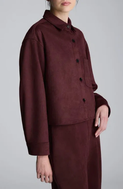 Kenneth Cole Faux Suede Button Front Cropped Knit Shirt In Burgundy