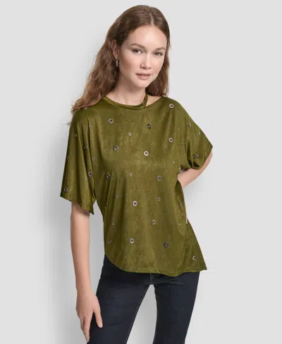 Dkny Women's Short Sleeve Grommet Detail Cutout Top In Green