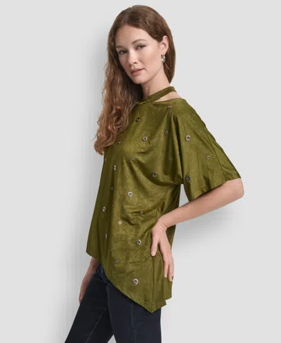 Dkny Women's Short Sleeve Grommet Detail Cutout Top In Green