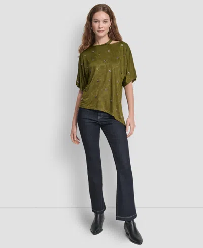 Dkny Women's Short Sleeve Grommet Detail Cutout Top In Green