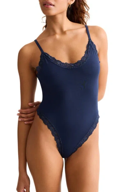 Fleur't Lace Trim Bodysuit In Blue