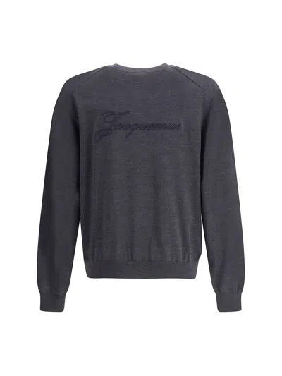 Jacquemus Long Sleeve Crewneck Sweater With Ribbed Cuffs In Blue