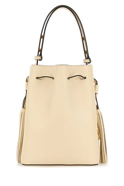 Valentino Leather Bucket Bag With Metal Vlogo Signature In Neutral