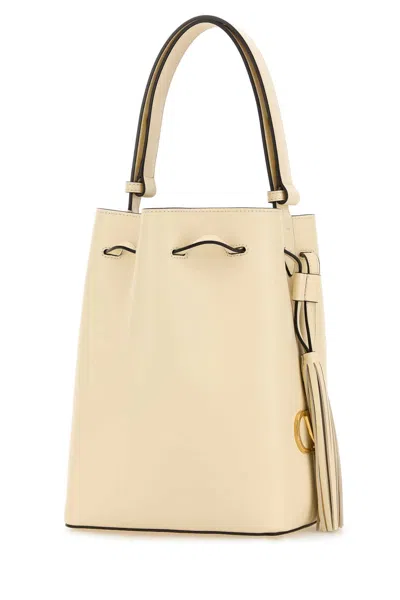 Valentino Leather Bucket Bag With Metal Vlogo Signature In Neutral