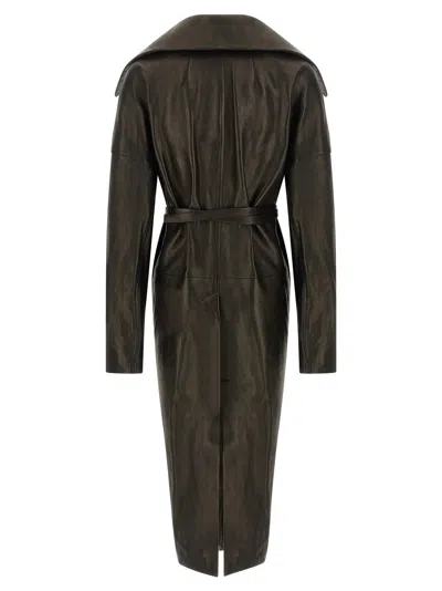Rick Owens Belted Long Coat Wide Collar In Green