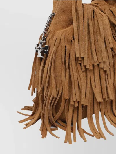 Tory Burch Fleming Small Brown Shoulder Bag With Chain Strap And Fringe Design In Suede Woman In Brown