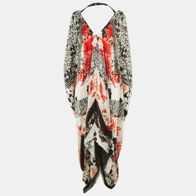 Pre-owned Roberto Cavalli Black/white Printed Silk Kaftan Maxi Dress L