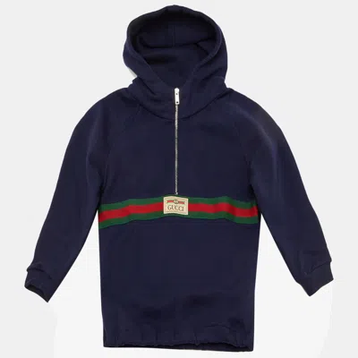 Pre-owned Gucci Kids Navy Blue Cotton Web Striped Hoodie Size 12-18 M