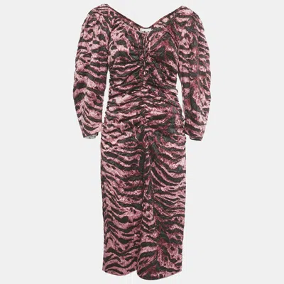 Pre-owned Ganni Pink /black Zebra Print Crepe Ruched Midi Dress L