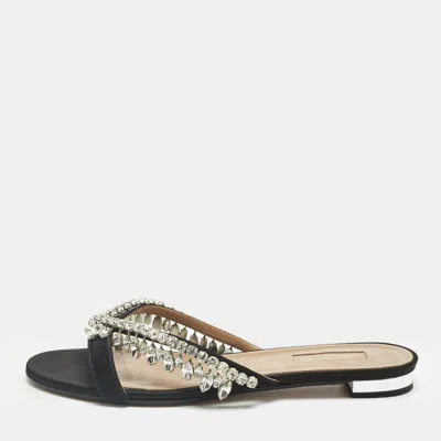 Pre-owned Aquazzura Black Satin Gem Palace Crystal Embellish Flat Slide Size 38.5