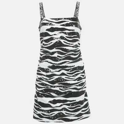 Pre-owned Dolce & Gabbana Monochrome Zebra Pattern Sequinned Mini Dress M In Black