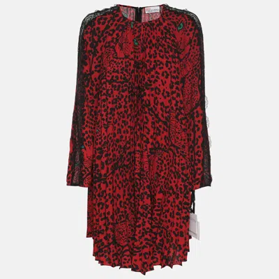 Pre-owned Red Valentino Red Animal Print Stretch Crepe And Lace Long Sleeve Top Dress M