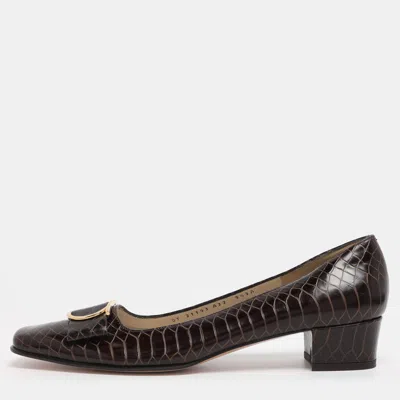 Pre-owned Ferragamo Brown Python Embossed Leather Gancini Pumps Size 40