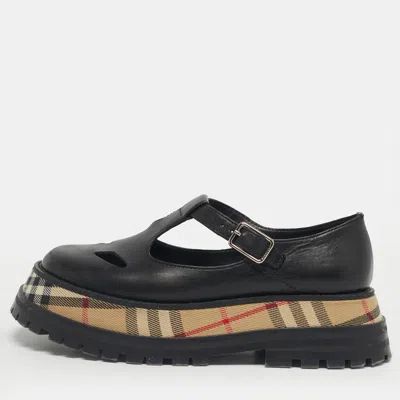 Pre-owned Burberry Black Leather Aldwych Mary Jane Flats Size 36.5