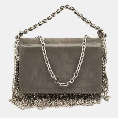Pre-owned Jimmy Choo Grey Shimmer Suede Chain Embellished Fringe Shoulder Bag In Gray