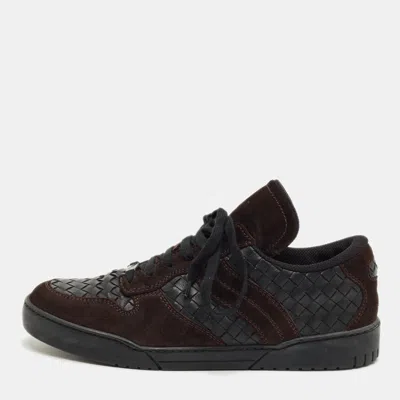 Pre-owned Bottega Veneta Black/dark Brown Suede And Woven Leather Intrecciato Lace Up Sneakers Size 43