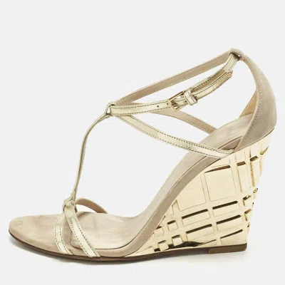 Pre-owned Burberry Beige/gold Leather And Suede Wedge Sandals Size 36