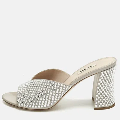 Pre-owned Miu Miu Grey Satin Crystal Embellished Heel Mules Size 40.5 In Gray